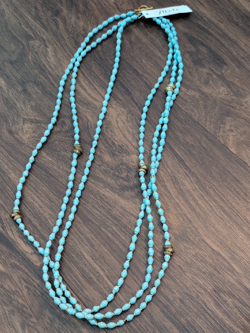 Handmade Turquoise Beaded Layered Necklace with Gold Accents